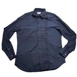 Brioni Mens Patchwork Button Dress Shirt Navy Blue XL Cotton Hand Finished Italy